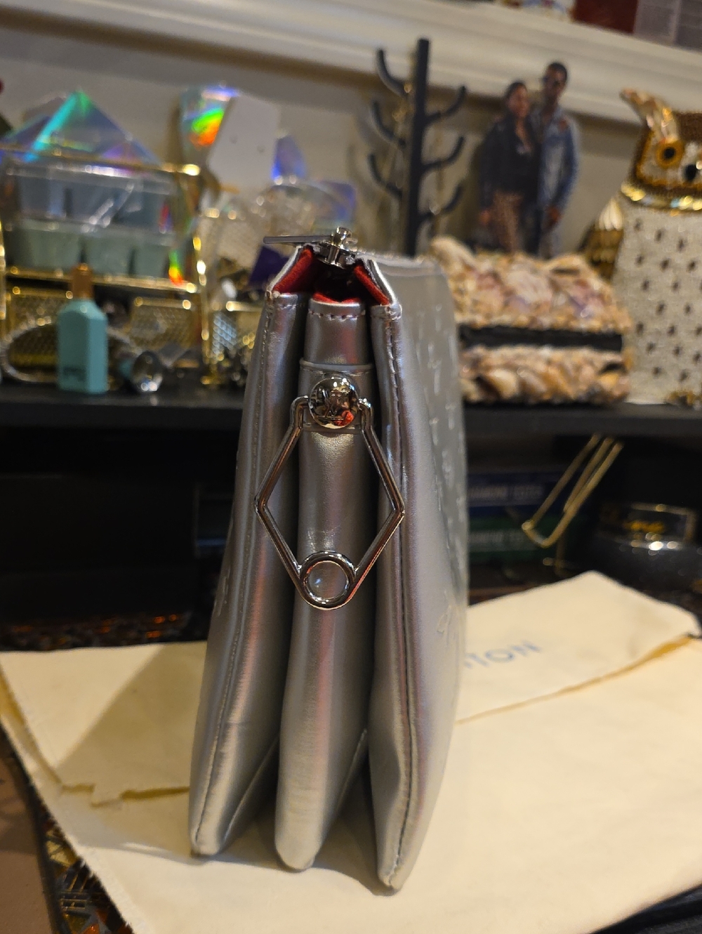 Metallic Silver Wristlet Clutch with Red Interior